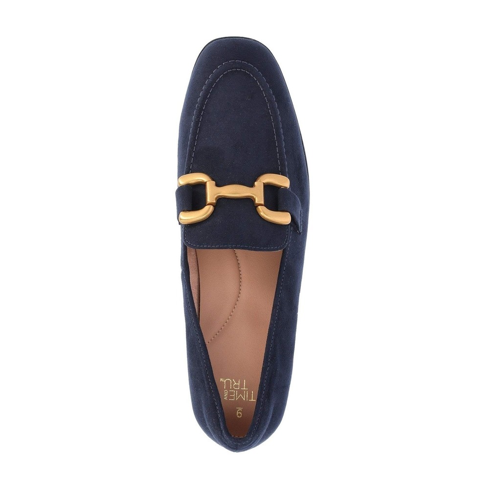 Time and Tru Womens Size‎ 9 Navy Blue Faux Microsuede Buckle Loafers NEW - Picture 3 of 5